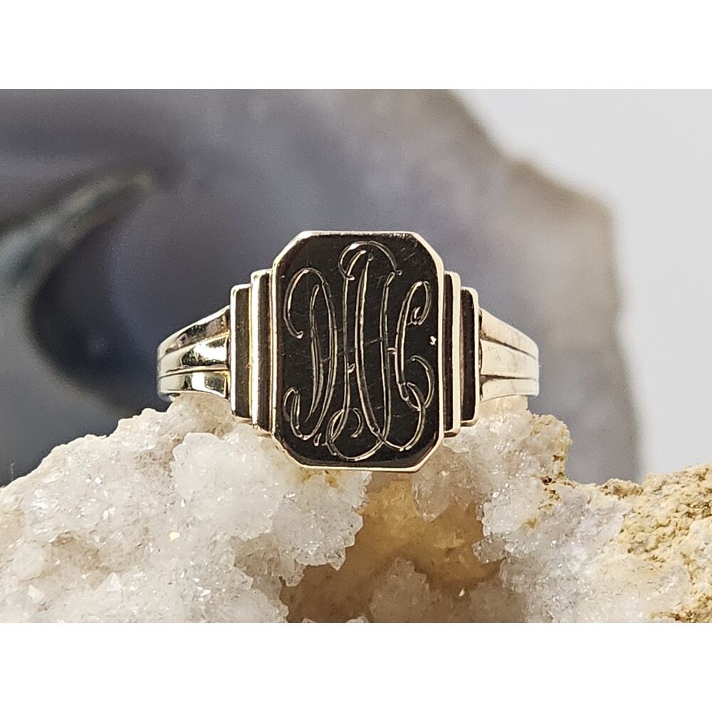 Antique Art Deco Solid 10K Yellow Gold Signet Ring Initials D.A.H Size 7